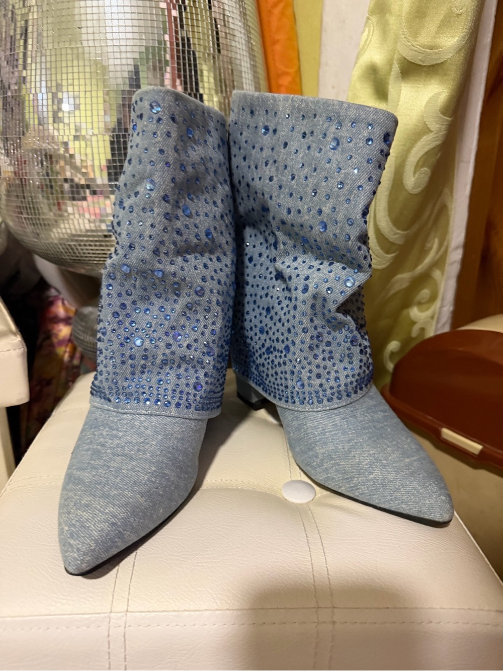 Light Blue Embellished Pointed-Toe Women's Ankle Booties